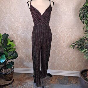 ALYA Size XS Wrap Top Elastic Waist Jumpsuit Glitter Stripes Adj Straps Wide Leg